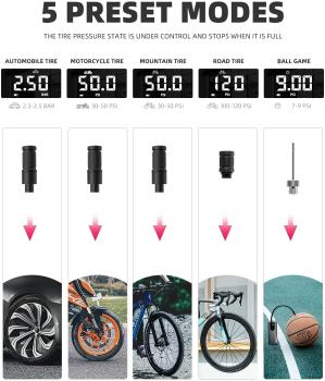 Preview: ROCKBROS | Elektrische Luftpumpe 150 PSI – Wiederaufladbare Tragbare Pumpe mit 2600mAh Akku und LED Drucksensor für Fahrrad, Auto, Motorrad & Ball